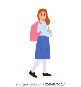 Happy smiling girl student cartoon character in uniform going to school with studying accessories
