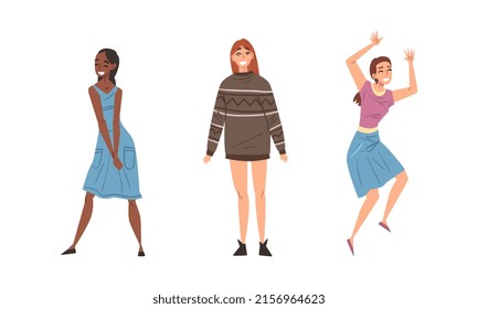 Happy smiling girl students in casual outfit set cartoon vector illustration