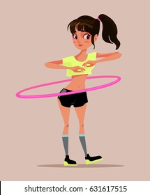 Happy smiling girl teen character turning playing hula hoop. Vector flat cartoon illustration