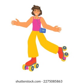 Happy smiling girl teenager riding rollers. Cartoon vector character
