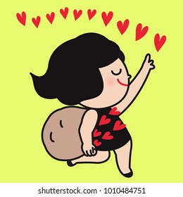 Happy Smiling Girl Throwing Heart From Her Bag Into Sky. Valentine Love Concept Card Character illustration