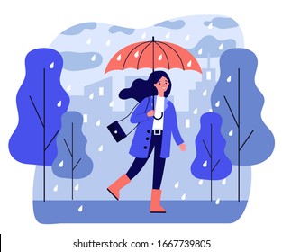 Happy smiling girl with umbrella walking in rainy day flat vector illustration. Woman staying outdoor in falling weather. Female character going in rain. Season, autumn and landscape concept