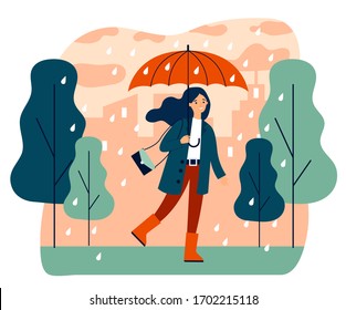 Happy smiling girl with umbrella walking in rainy day flat vector illustration. Woman staying outdoor in falling weather. Female character going in rain. Season, autumn and landscape concept