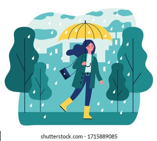 Happy smiling girl with umbrella walking in rainy day flat vector illustration. Woman staying outdoor in falling weather. Female character going in rain. Season, autumn and landscape concept