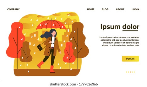 Happy smiling girl with umbrella walking in rainy day flat vector illustration. Woman staying outdoor in falling weather. Female character going in rain. Season, autumn and landscape concept