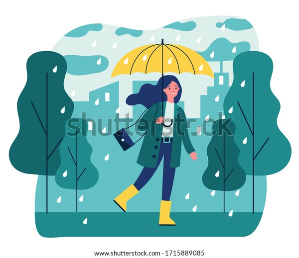 Happy smiling girl with umbrella walking in rainy
day flat vector illustration. Woman staying outdoor in falling
weather. Female character going in rain. Season, autumn and
landscape concept