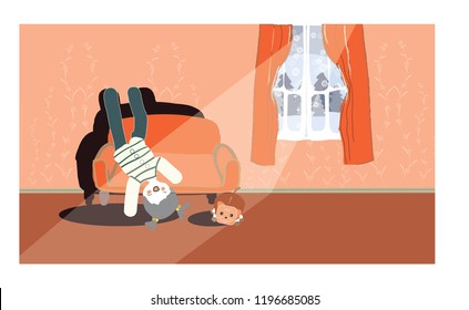 A happy smiling girl with Upside Down Head lying on sofa inside the room and play with the dog while snowing outside. Concept of happy kid playing.Child illustration.Orange color tone.