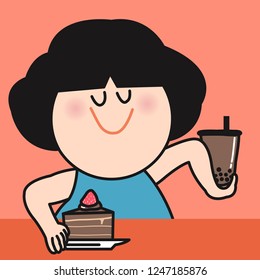 Happy Smiling Girl Using One Hand Hold A Plate Of Chocolate Cake, Other Hold A Glass Of Bubble Chocolate Milk Tea. Concept Of Sweet Food And Drink Lover Card Character illustration