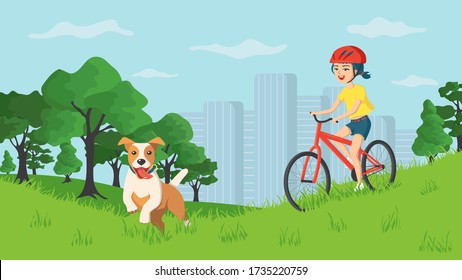 Happy smiling girl walking with a dog in a city park. Concept bike ride out of town with a pet. Active weekend in the fresh air. The dog from the shelter is the best friend.Cartoon vector illustration