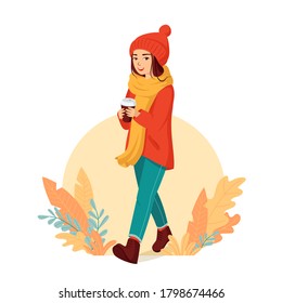 Happy smiling girl is walking with a glass of coffee in warm autumn clothes. The concept of good weather in the fall, walking outdoors in the city. Cartoon vector illustration isolated on white