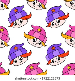 a happy smiling girl wearing a winter hat seamless pattern textile print. Great for summer vintage fabric, scrapbooking, wallpaper, giftwrap. repeat pattern background design