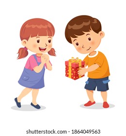 Happy smiling girl when boy give a gift. Give gift for birthday, Christmas, New Year and festivals. Cartoon character vector.