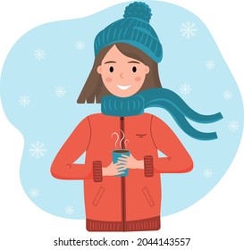 Happy smiling girl in winter cloth with cup of hot drink in her hands. Falling snowflakes. Girl in warm cloth. Winter mood. Hello winter. Vector illustration. 