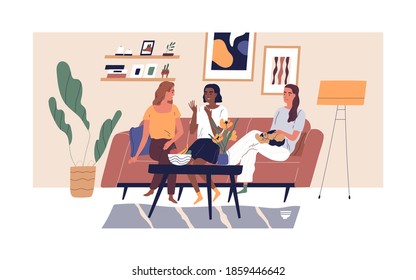 Happy smiling girlfriends sitting on comfy sofa or couch at cosy home. Three diverse multiethnic women chatting in modern scandinavian living room. Female friendship. Flat vector illustration