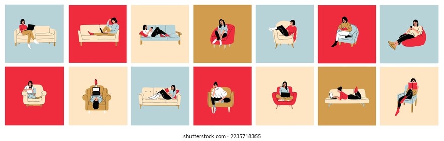 Happy smiling girls sitting on sofas, chairs set. Positive relaxed women relaxing. Joyful characters resting, speaking. Flat graphic vector illustrations isolated on white background