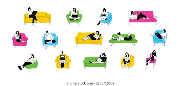 Happy smiling girls sitting on sofas, chairs set. Positive relaxed women relaxing. Joyful characters resting, speaking. Flat graphic vector illustrations isolated on white background