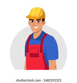 Happy smiling glad builder worker wearing helmet and uniform cropped avatar. Architect constructor, craftsman, road master, repairman, workman character. Job profession after graduation