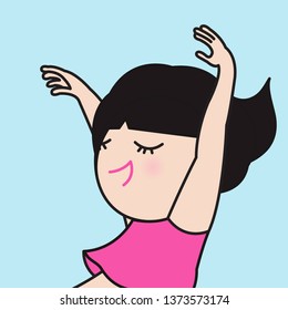 Happy, Smiling, Glad, Joyful Girl Raising Her Both Hands Up In The Air Concept Card Character illustration