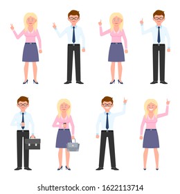 Happy, smiling glasses man and blonde woman vector illustration. Pointing finger, waving, standing front view with coffee, victory sign boy and girl cartoon character set