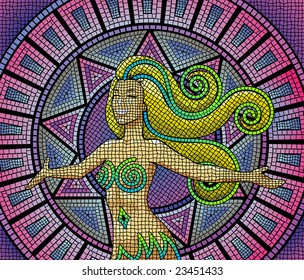 A happy smiling goddess on an ancient mosaic background