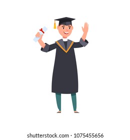 Happy smiling graduates in graduation gowns holding diplomas in their hands isolated background. Vector illustration concept graduation ceremony cartoon style
