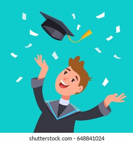 Happy smiling graduates man student in graduation gowns throwing mortarboards in air. Vector illustration concept graduation ceremony flat style