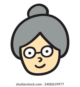 Happy smiling grandmother face. Flat illustration. Vector isolated icon. Hand drawn design on white background.