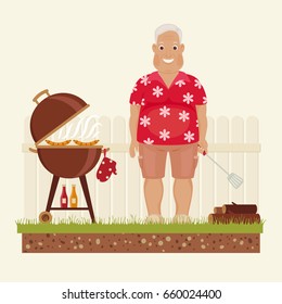 Happy smiling grandpa grilling outside. Funny cartoon character. Vector art. 