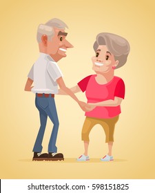 Happy smiling grandparents characters dance. Vector flat cartoon illustration