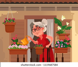 Happy Smiling Granny Grandma Grandmother Watering Flowers Plant. Retirement Hobby Flat Cartoon Graphic Design Concept Illustration