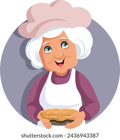 
Happy Smiling Granny Holding a Pie Vector Cartoon Character. Traditional grandmother cooking after her famous recipe 
