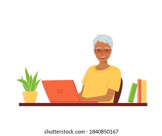 Happy smiling gray-haired elderly woman is sitting at a table with a laptop. Concept for remote work and education from home, e-learning, retraining for active retired seniors. Vector illustration