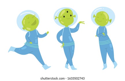 Happy smiling green alien in blue costumes vector illustration