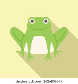 Happy, smiling, green frog sitting with a long shadow on a light green background