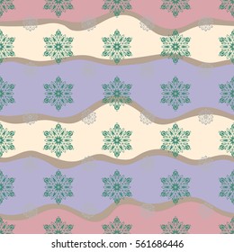 Happy smiling green and gray snowflakes seamless pattern. Vector winter design on wave background. Snowflakes decorated with circles and dots. Christmas and New Year 2018 theme.