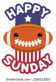 Happy and smiling gridiron football ball ready for the big game, celebrating a Happy Sunday with American star and stripes design.