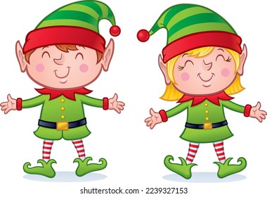 Happy, smiling and grinning Christmas elves all dressed up with their arms extended.