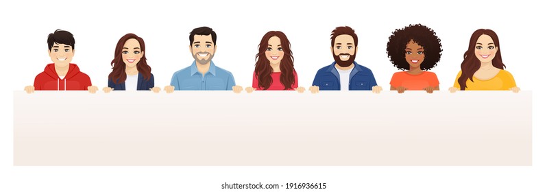 Feliz sonriente grupo de amigos sosteniendo pancartas vacías o carteles en blanco uniendo ilustraciones vectoriales aisladas