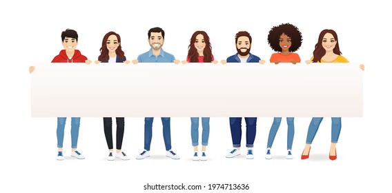 Happy smiling group of friends holding empty blank placard or board standing together full length isolated vector illustration