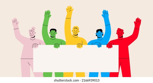 Happy smiling group of friends holding empty blank placard or board standing together. Colorful vector illustration  
