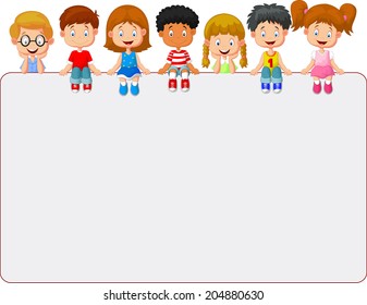 Happy smiling group of kids showing blank placard board