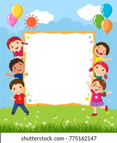 Happy smiling group of kids showing blank board