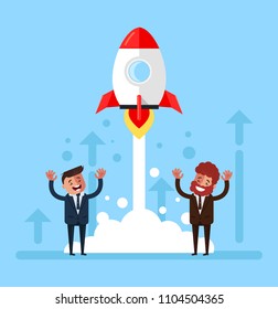 Happy smiling group of people businessmen office workers managers starting rocket. Start up new project concept. Vector flat cartoon graphic design isolated illustration