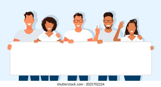 Happy smiling group of people holding empty blank placard or board standing together. Black and fair-skinned women and men. Vector illustration.