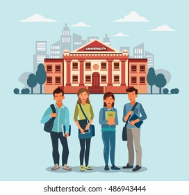 Happy and smiling group of students standing with notebooks. Back to school vector concept