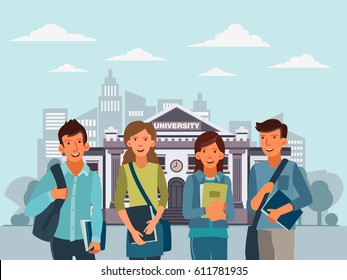 Happy and smiling group of students standing with notebooks. Back to school vector concept