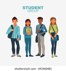 Happy and smiling group of students standing with notebooks. Back to school vector illustration