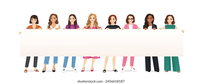 Happy smiling group of women holding empty blank placard or board standing together full length isolated vector illustration
