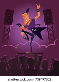 Happy smiling guitar player man character. Vector flat cartoon illustration