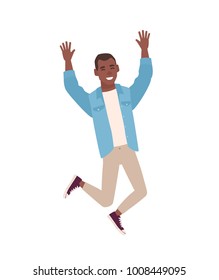 Happy smiling guy dressed in casual clothes jumping with raised hands. Young man rejoicing or celebrating. Male cartoon character isolated on white background. Colorful flat vector illustration.

